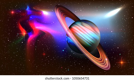 Saturn planet with realistic rings on outer space with lot of blinding stars and nebula galaxy. Colorful vector abstract background wallpaper image picture poster high quality night sky deep fantasy