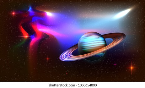 Saturn planet with realistic rings on outer space with lot of blinding stars and nebula galaxy. Colorful vector abstract background wallpaper image picture poster high quality night sky deep fantasy