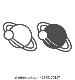 Saturn planet with ring and moon line and solid icon, cosmos concept. Vector graphics. Planet with satellite orbit sign on white background, outline style icon for mobile or web design