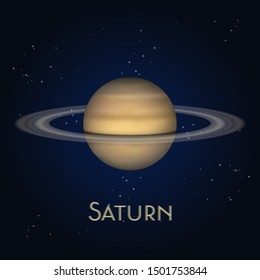 Saturn planet with ring system. Yellow sphere with circles in cosmos or universe. Solar system realistic object in outer space or outerspace. Astronomy and nebula, sky theme. Cartoon planetarium icon