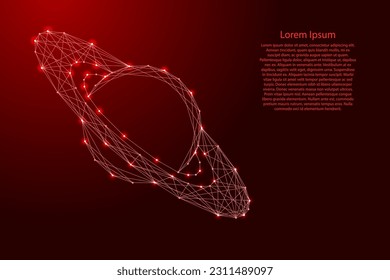 Saturn planet with rings, from futuristic polygonal red lines and glowing stars for banner, poster, greeting card. Low poly concept. Vector illustration.