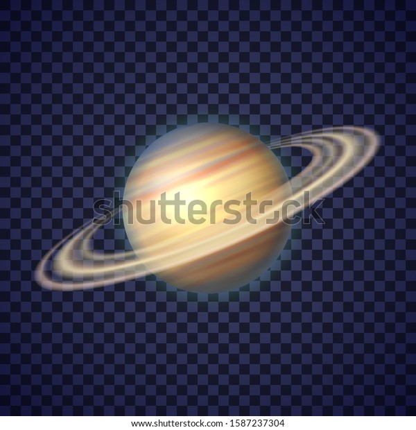 Saturn planet with rings of gas on deep\
transparent background. Sixth planet of solar system. Galaxy\
discovery and exploration. Realistic cosmic vector illustration for\
school education\
materials.