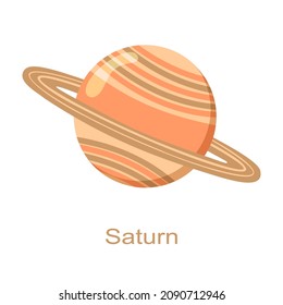 Saturn planet with rings icon with name isolated on white background. Universe element of Solar system. Kids planetary. Vector cartoon illustration.