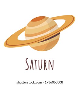 Saturn planet with rings for logo, outer space, symbol. Transparent shadow and lettering. Vector illustration isolated on background. Flat style design.