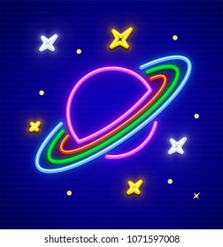 Saturn planet with rings in space. Neon sign. Stars made of neon lamps with highlight. EPS10 vector illustration.