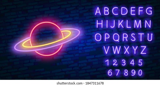 Saturn planet with rings in space. Neon sign. Stars made of neon lamps with highlight. Cosmic neon sign, bright signboard, light banner. Space and Planet logo, emblem