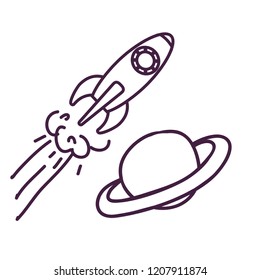 saturn planet with rocket flying