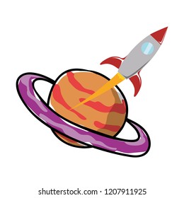 saturn planet with rocket flying