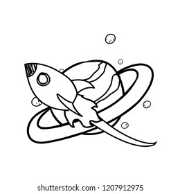 saturn planet with rocket flying
