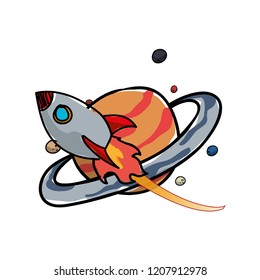 saturn planet with rocket flying