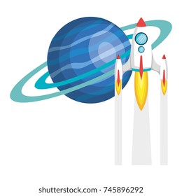 saturn planet with rocket flying