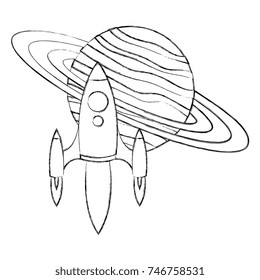 saturn planet with rocket flying