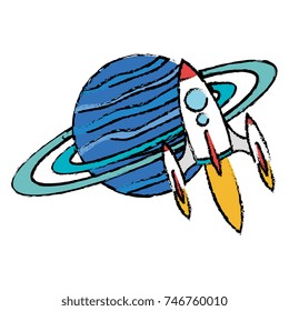 saturn planet with rocket flying