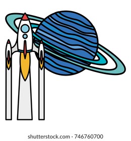 saturn planet with rocket flying