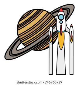 saturn planet with rocket flying