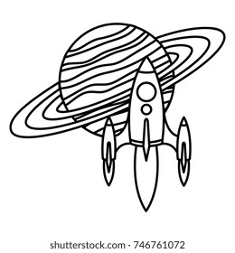 saturn planet with rocket flying