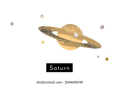 Saturn. Planet, satellite, rings, solar system. Celestial body, cosmic object. Astronomy, astrophysics. Vector flat cartoon illustration