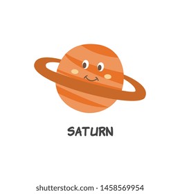 Saturn a planet of solar system with funny cartoon human face flat vector illustration isolated on white background. Space body symbol for children education.