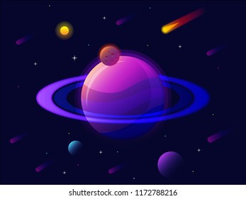 Saturn planet solar system with stars. futuristic space background. Abstract universe with big ultraviolet planet vector illustration