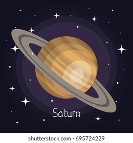 Saturn Planet In Space With Stars Shiny Cartoon Style