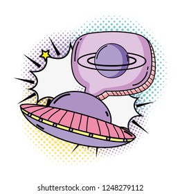 saturn planet with speech bubble and rocket