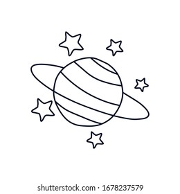saturn planet and stars icon over white background, minimalist tattoo concept, line style, vector illustration