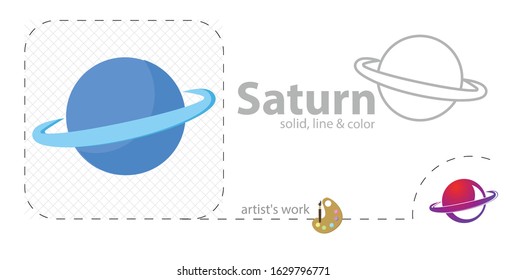 saturn planet vector flat illustration, solid, line icon