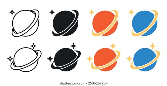 Saturn planet vector icon set. space jupiter planet with ring symbol in black color.