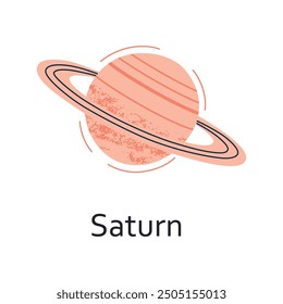 Saturn planet vector illustration, flat cartoon style. Doodle for space and astronomy themes, astrology, children books, icon for educational purposes. Yellow gas giant with rings from solar system