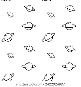 Saturn planet vector seamless pattern. Line art, outline, black. Wallpaper, print, fabric, textile, wrapping paper, packaging design