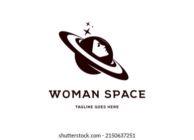 Saturn Planet with Woman Astronaut Spacewoman Helmet for Universe Science Logo Design