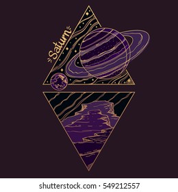 Saturn. Planets and stars of Solar system. Symbols for astronomy and astrology. Stylized characters with a gold contour in the form of triangles on a dark background.