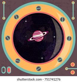 Saturn in the porthole. card on a space theme. It can be used for packaging, invitations, postcard holiday, fabrics and textiles, etc.