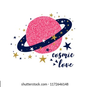 Saturn print design with slogan. Vector illustration design for fashion fabrics, textile graphics, prints.