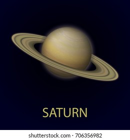 Saturn. Realistic planet of the solar system. Sixth planet from the sun. Vector illustration on dark background.