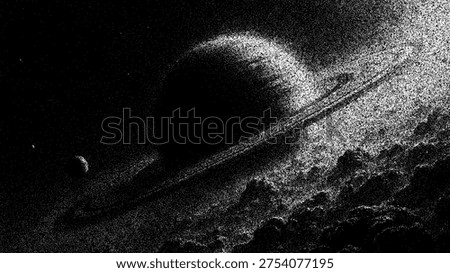 Saturn ringed planet in black and white stipple art style. Retro cosmic illustration of solar system, dotted space texture. Conceptual galaxy background for astronomy exploration.