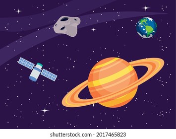 saturn satellite earth and stars at universe space