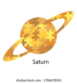 Saturn. Silhouette of solar system planet with pattern of puzzle elements