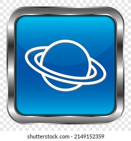 Saturn simple icon. Flat design. Metal, blue square button. Transparent grid.ai