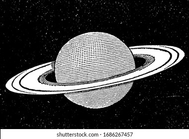 Saturn is the sixth largest planet from the Sun, vintage line drawing or engraving illustration