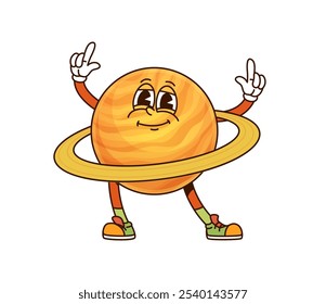 Saturno El personaje del planeta groovy del sistema solar muestra con orgullo sus Grandes anillos mientras sonríe y posa. Objeto espacial de Vector de dibujos animados aislado con vibraciones retro de los años 60 y 70 y zapatillas vintage de moda