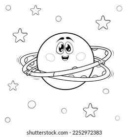 Saturn spins a hoop instead of its rings. Sports illustration. Coloring book for children and adults. Vector illustration