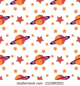 Saturn and stars planet seamless pattern with space theme on white background