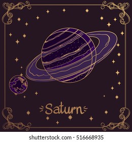 Saturn. Stylized illustration of Saturn in hand drawing style. The symbols of astrology and astronomy.