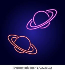 Saturn type planet with rings from glowing red and pink neon luminescence lines on classic blue dark background. Vector illustration.