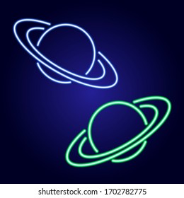 Saturn type planet with rings from glowing blue and green neon luminescence lines on classic blue dark background. Vector illustration.