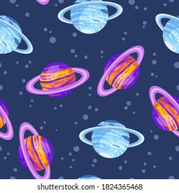 Saturn and Uranus abstract seamless space pattern background with planets with rings. Solar system planets children wallpaper texture tile. Vector stock illustration