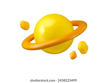 Saturn vector 3d icon. Simple planet cartoon illustration with asteroids isolated on white background.