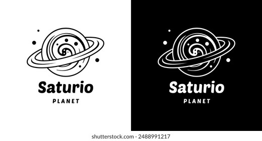 Saturn Vector Logo Set. Outline Planet with Ring on White and Black Background. Astronomy Fantasy Logotype.  Galaxy Ui Icon for Games. Monochrome Flat Solar System Planetary Sign. Sci-fi Object Logo.