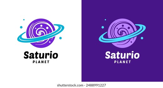 Saturn Vector Logo Set. Violet Planet with Cyan Ring on White and Purple Background. Astronomy Fantasy Logotype.  Galaxy Ui Icon for Games. Cartoon Flat Solar System Planetary Sign. Sci-fi Object Logo